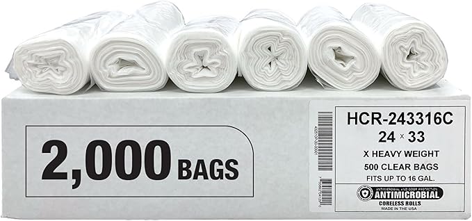 Aluf Plastics High Density Trash Bags, 12-16 Gallon, 2000 Count, 16 Micron (eq), 24" x 33", Clear, For Bathroom, Office, Industrial, Commercial, Janitorial, Municipal, & Recycling