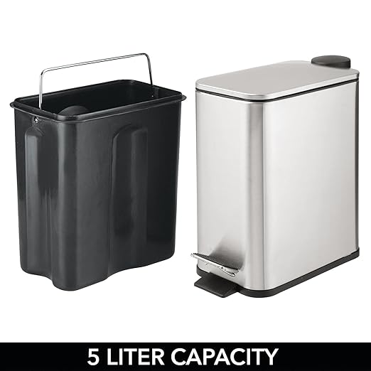 mDesign Slim Metal Rectangle 1.3 Gallon/5 Liter Trash Can with Step Pedal, Easy-Close Lid, Removable Liner - Narrow Wastebasket Garbage Container Bin for Bathroom, Bedroom - Brushed Stainless Steel