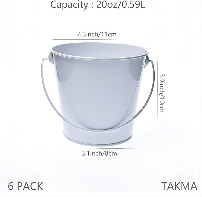 Small Metal Buckets with Handle, 6 Pack 4.3 Inch Colored Galvanized Bucket for Kids,Classroom,Crafts,and Party Favors (4.3" Top,White)