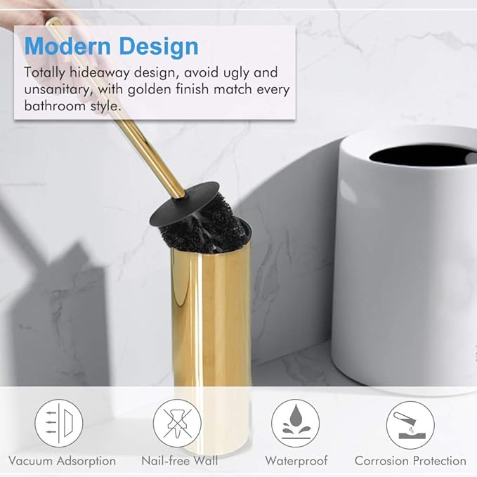 SUNTAI Round Toilet Brush Holder Stainless Steel 304 Bathroom Accessory Standing for Bathroom, Gold