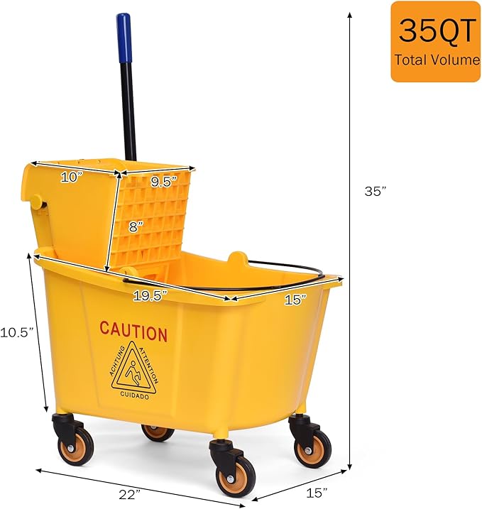 ARLIME Mop Bucket with Wringer On Wheels, 35 Quart Capacity Portable Wringer Trolley on Wheels, Side Press Floor Cleaning Wavebrake w/Handle, Mop Bucket for Home, Commercial, Restaurants