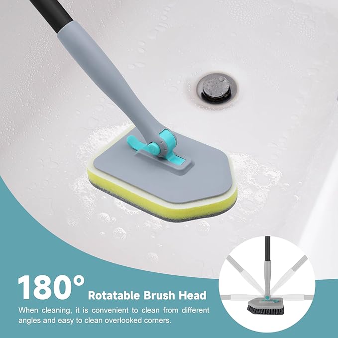 nacena Shower Scrubber with Long Handle, 3 in 1 Tile Tub Scrubber Brush with 3 Detachable Cleaning Heads Adjustable Handle Shower Cleaner Brush for Bathroom, Kitchen, Toilet, Wall, Sink, Black Grey