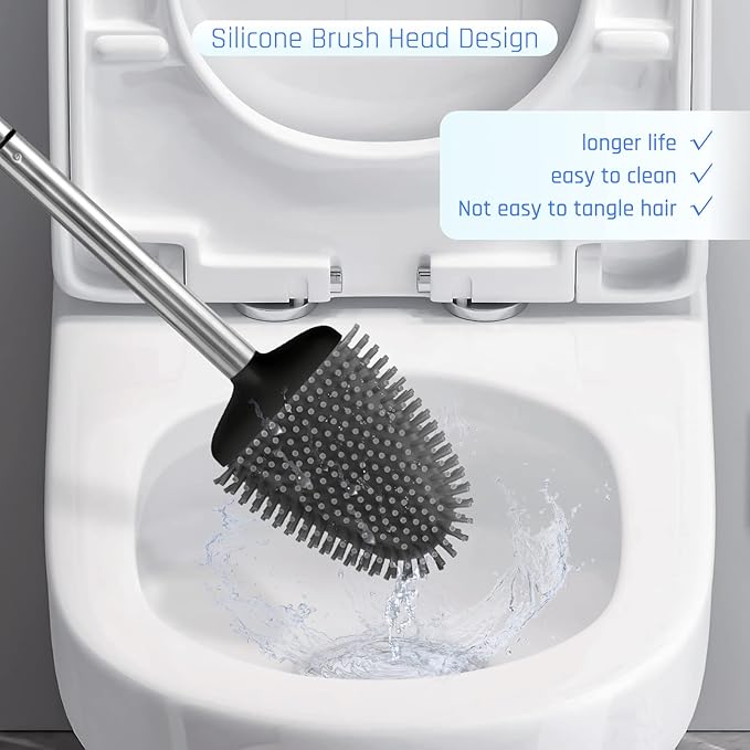 Sellemer Toilet Brush and Holder Set - Flexible Toilet Bowl Brush Head with Silicone Bristles, Compact Size for Storage and Organization, Ventilation Slots Base (1 Pack, Black)