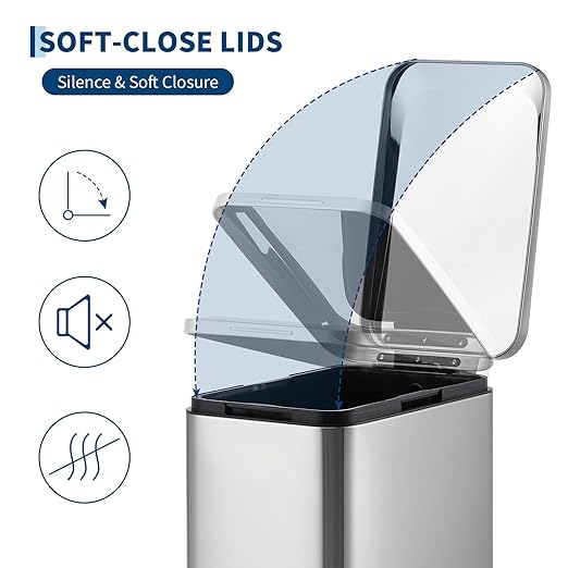 Garvee 13 Gallon Kitchen Trash Can, Stainless Steel Step Garbage Bin with Soft-Close Lid & Removable Bucket, Fingerprint Proof, Slim for Narrow Spaces, Bathroom or Office