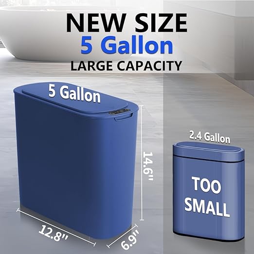 5 Gallon Motion Senor Bathroom Trash Can with Lid, Automatic Garbage Can Touchless, Smart Plastic Waste Basket for Narrow Spaces, Bathroom, Office, Bedroom, Living Room (Blue)