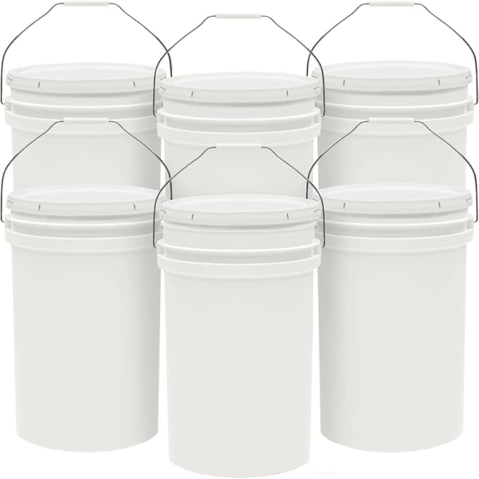 6.5-Gallon White Bucket Pail Container with Lid | Food Grade | Heavy-Duty 90MIL Extra Durable | Metal Handles with Plastic Grip for Easy Carrying | Multi-Use | Easy Stack and Store | BPA Free - 6 Pack