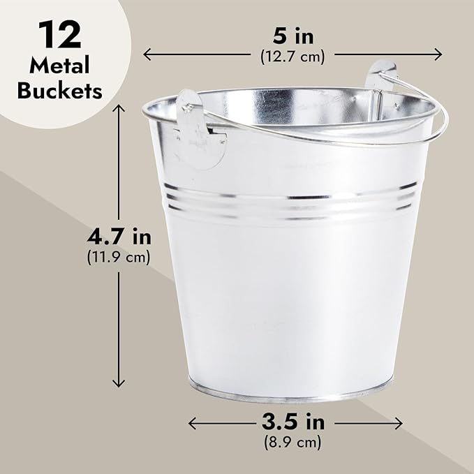 Juvale Galvanized Metal Buckets - 12 Pack, Silver, 4.7 in - Mini Metal Buckets with Handles for Party Decorations & Crafts