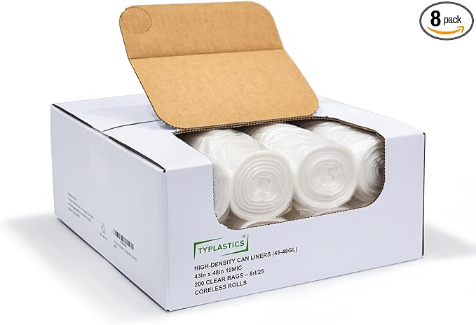 TYPLASTICS 45-48 Gallon Clear Trash Can Liners - 43" x 48" - High Density Garbage Bags - 200 Pack - Multipurpose for Office, Yard, Recycling, Industrial and Commercial