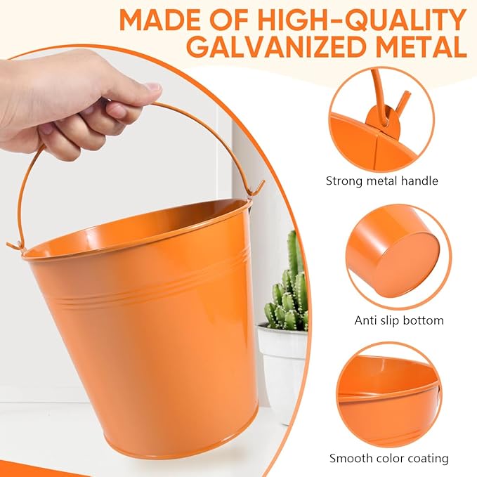 OBTANIM 7 Pack Orange Metal Buckets with Handle Galvanized Ice Pails for Plants, Succulents, Party Favors Organizing, Rustic Home Decor or Classrooms Pencil Storage (7.1 x 5.2 inch)