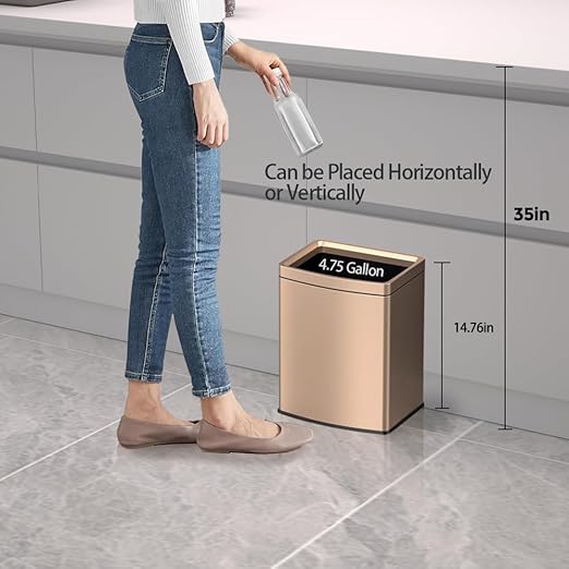 18 Liter / 4.7 Gallon Gold Dual Trash Can, Slim Open Top Office Trash Can, Commercial Grade Heavy Gauge Small Trash Can, Brushed Stainless Steel(18L Champagne Gold)