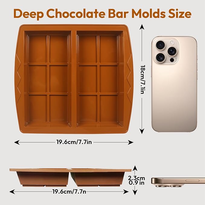 Deep Dubai Chocolate Bar Mold, 2PCS Silicone Chocolate Bar Molds with Scraper, Thick Candy Bar Mold for Baking Homemade Snacks, BPA Free