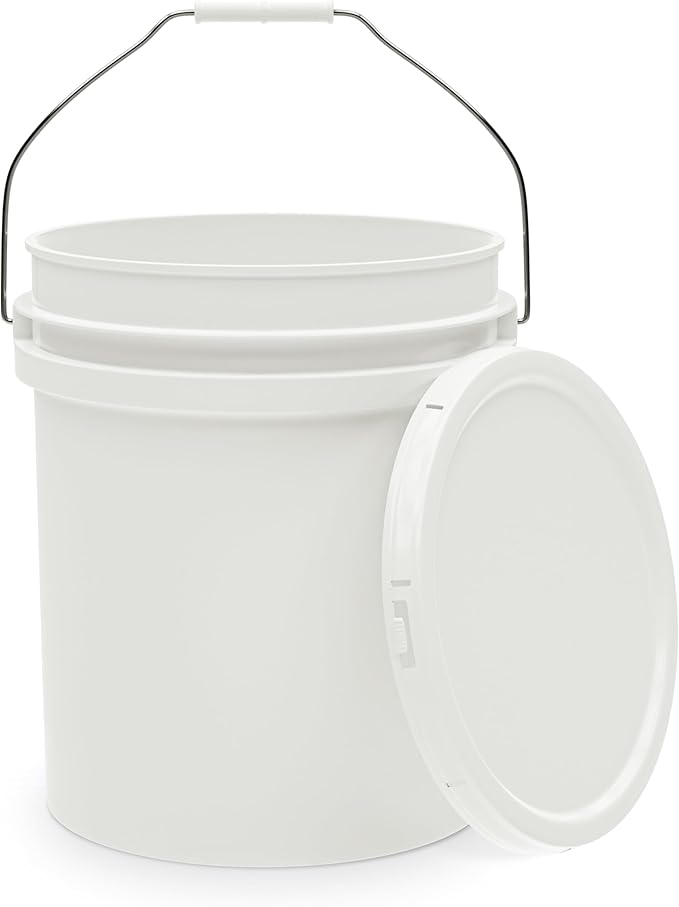 5-Gallon White Bucket Pail Container with Lid | Heavy-Duty Extra Durable | Metal Handles with Plastic Grip for Easy Carrying | Multi-Use | Easy Stack and Store | BPA Free - 5 Pack