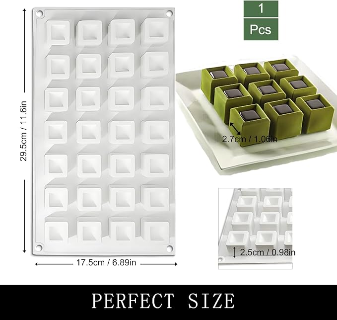 Small Square Chocolate Silicone Molds, 28-Cavity Mini Square Mousse Mold for Baking Square Cube Candy Desserts, 11.6" x 6.9" x 0.98"