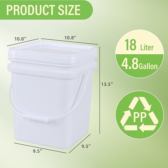 Square White Plastic Bucket with Sealable Lid, 4.8 Gallon Food Grade Storage Bucket, 4 Pack