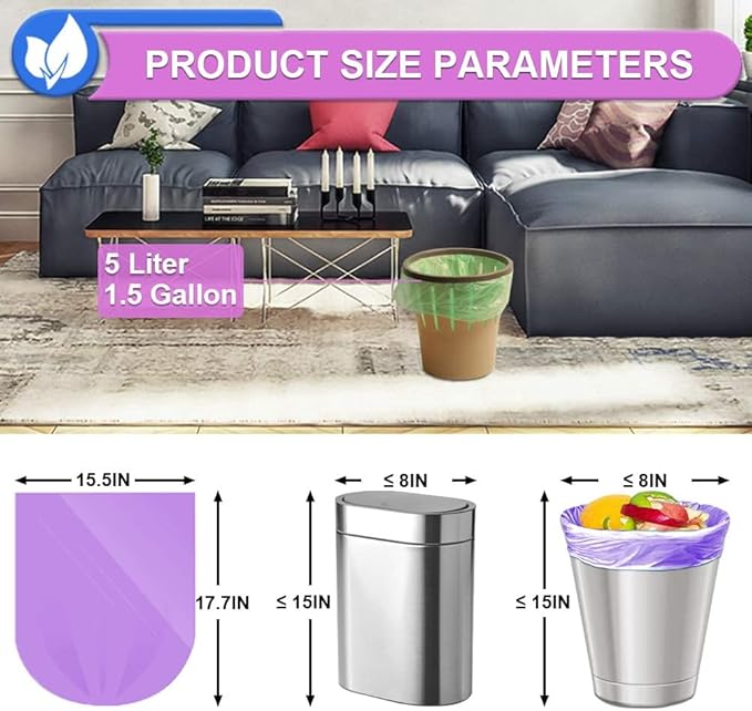 1.5 Gallon Trash Bags Small Bathroom Garbage Bags, Unscented Wastebasket Liners, Strong Kitchen Garbage Bags Colorful Bin Bags for Office, Bedroom,Living Room (5Liter, 120 Counts)