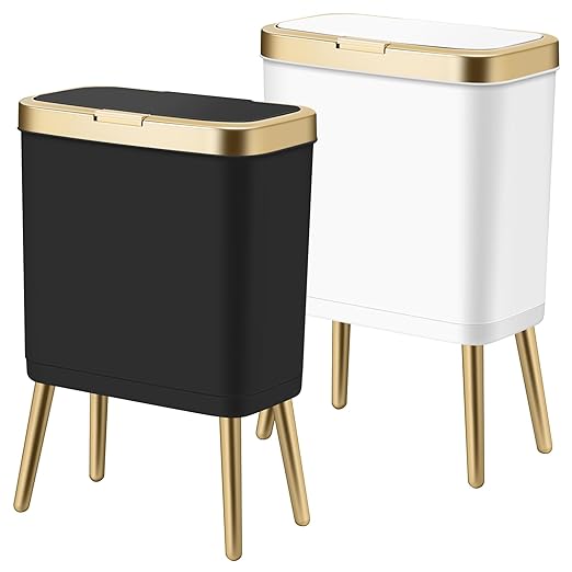 Procade 2Pack Trash Can with Lid, Modern Bedroom Garbage Can with Gold Edge, Slim Kitchen Garbage Bin，4 Gallon Trash Bin Plastic Waste can for Office, Living Room,Toilet,Bathroom (Black+White)