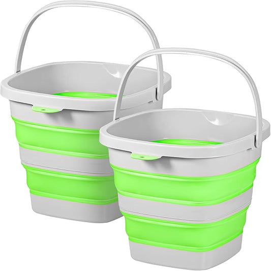 2 Pack 2.6 Gallon(10L) Collapsible Plastic Buckets with Handle Compact Cleaning Square Storage Bucket Portable Water Tub Outdoor Water Pail for Garden Hiking Fishing Camping (Green)