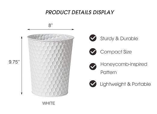 Small Metal Trash Can Wastebasket, Decorative Honeycomb Garbage Can Waste Basket, Modern Farmhouse Round Trash Bin for Bathroom, Bedroom, Kitchen and Office (White)