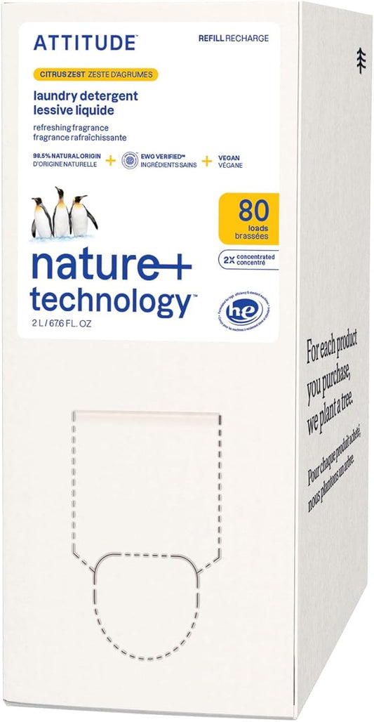 ATTITUDE Liquid Laundry Detergent Refill, EWG Verified, HE Compatible, Plant-Based & Vegan, Natural Laundry Soap, Citrus Zest Scent, 80 Loads, 67.6 Fl Oz