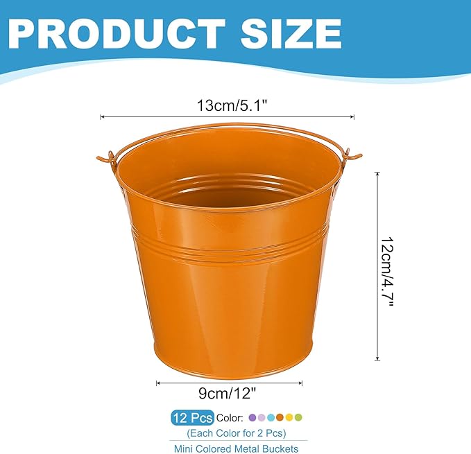 PATIKIL 5"x4.7" Small Metal Buckets with Handle, 12 Pcs Mini Bucket Easter Buckets, Green/Yellow/Orange/Blue/Light Purple/Purple