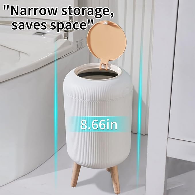 Trash Can With Lid for Bathroom, 2 Gallon/10 Liter Round Garbage Bin With Press Top, Plastic Modern Wastebasket With Soft Close, Container for Bedroom, Living Room, Office (White)