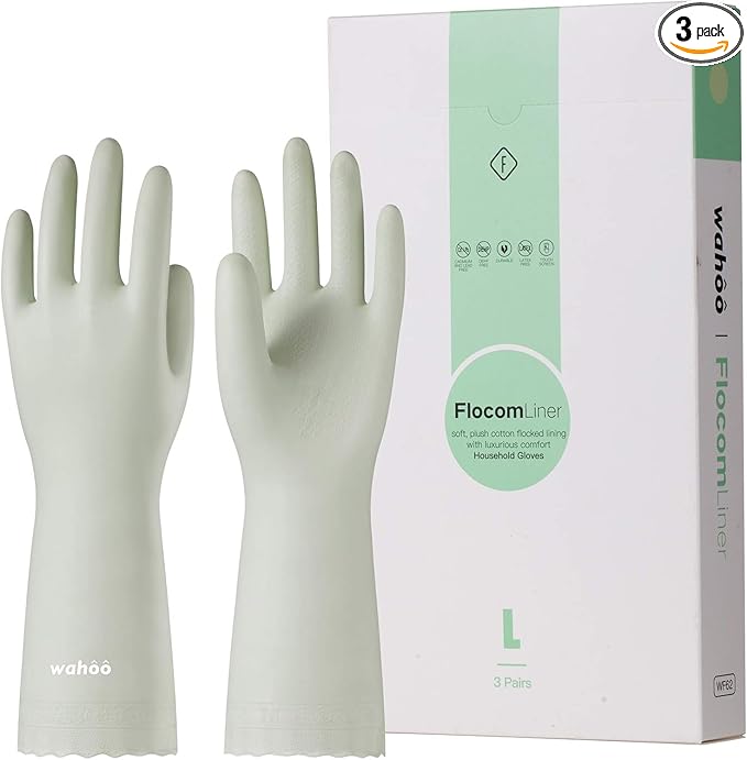 wahoo 3 Pairs Skin-Friendly Cleaning Gloves, Dishwashing Kitchen Gloves with Cotton Flocked Liner, Reusable, Non-Slip, Canary Green, Small