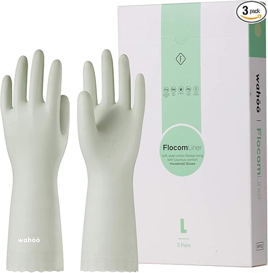 wahoo 3 Pairs Skin-Friendly Cleaning Gloves, Dishwashing Kitchen Gloves with Cotton Flocked Liner, Reusable, Non-Slip, Canary Green, Small