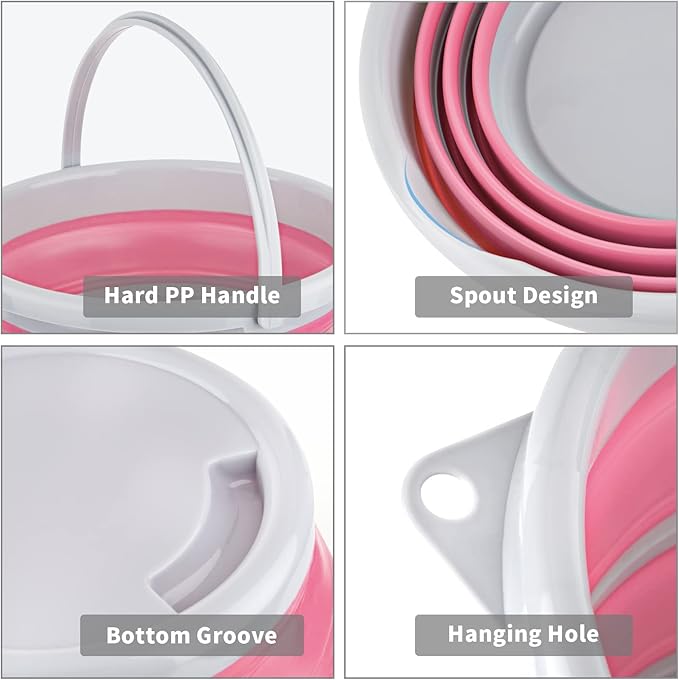 Collapsible Bucket 10L 2.6 Gallon Cleaning Bucket Mop Bucket Folding Foldable Portable Small Plastic Water Supplies for Outdoor Garden Camping Fishing Car Wash Space Saving Grey and Pink
