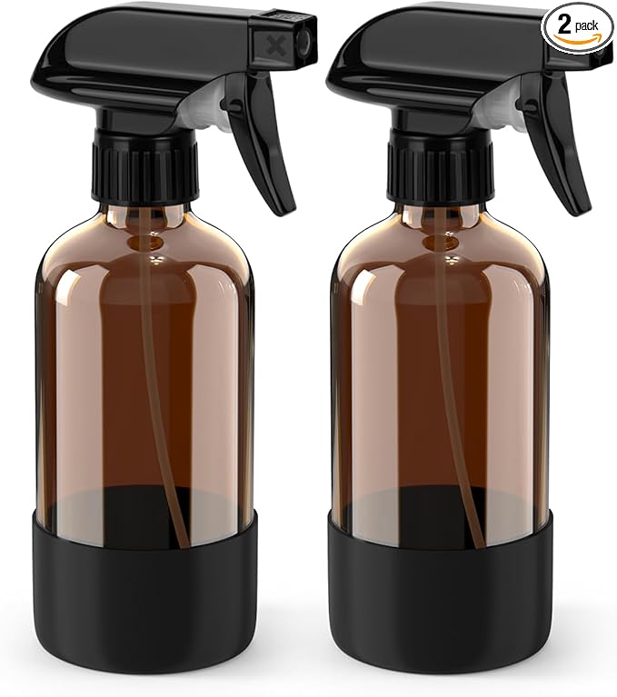 Glass Spray Bottle with Silicone Sleeve Protection, Amber Glass Spray Bottle Set for Window Cleaner Aromatherapy Facial Hydration Watering Flowers Hair Care 2 Pack/8 oz (Black)