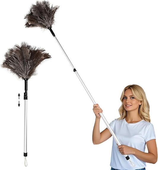 THARAHT Extendable Ostrich Feather Duster up to 25-49 inches Fluffy Feathers Long Handle Reusable for Cleaning Ceiling Fan Pendant lamp High Ceiling Blinds Furniture Feather Duster