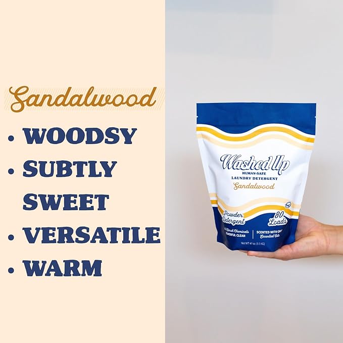 Sandalwood Laundry Detergent Powder | Only 100% Pure Essential Oils | Safe for Sensitive Groups | Powerful Clean | Plant & Mineral-Based | Made in USA | 3lbs