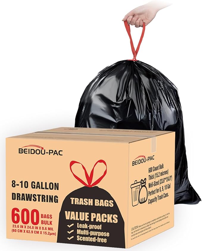 8-10 Gallon Trash Bags Drawstring, 600 Count Bulk, Black & Unscented Multi-purpose Garbage Bags for Business Home Bathroom Kitchen Commercial and Industrial