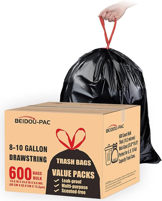 8-10 Gallon Trash Bags Drawstring, 600 Count Bulk, Black & Unscented Multi-purpose Garbage Bags for Business Home Bathroom Kitchen Commercial and Industrial