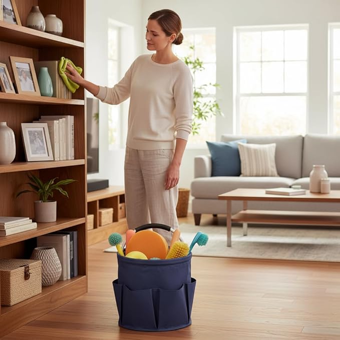 Cleaning Caddy for Cleaning Supplies,17L Cleaning Supply Caddy with Handle Foldable Cleaning Supplies Organizer Bucket Cleaning Products Organizers for Home, Garden(Navy Blue)