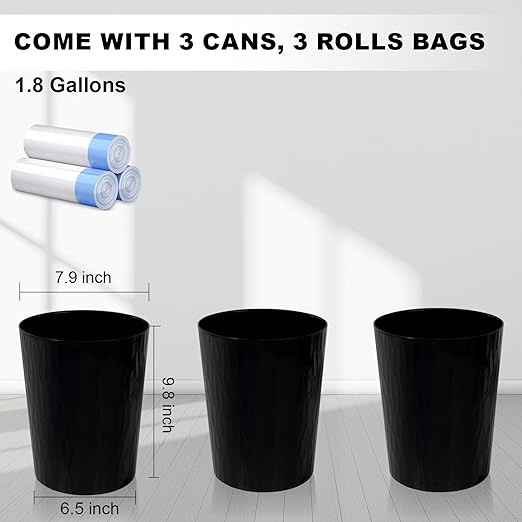 UUJOLY Small Trash Can Wastebasket Garbage Can Container Bins for Bathrooms,Bedroom Room, Kitchens, Offices, Kids Rooms, Dorms, 3 Pack, Black