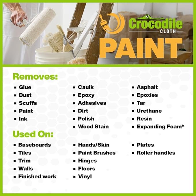 Crocodile Cloth Paint Cleaning Wipes – 100 Count (15" x 10") Heavy-Duty Cleaning Cloths for Paint Prep & Cleanup, Removes Paint, Adhesive, Caulk – Ideal for Painters, Contractors, Artists & DIY Work