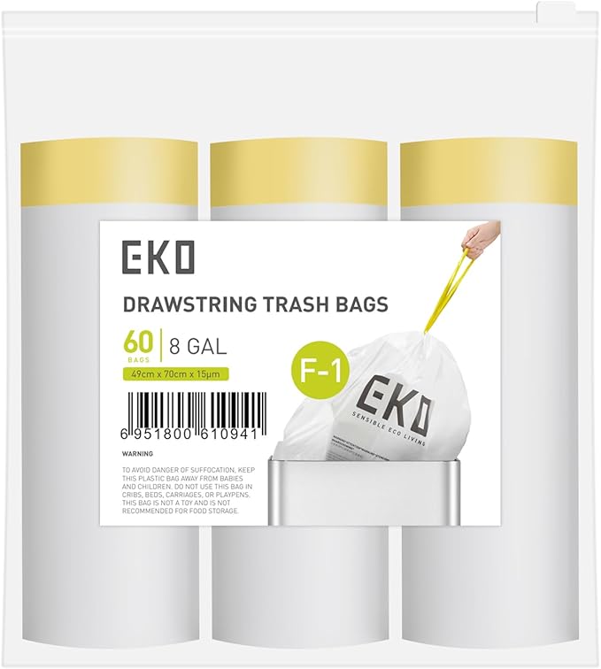 EKO 8 Gallon / 30.3 Liter, 60 Count Drawstring Trash Bags, Extra-Strong Unscented Garbage Bags, Easy-Dispense Roll for Kitchen & Household Use, Resists Tears, Leaks and Punctures, Code F-1, White