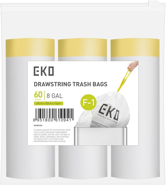 EKO 8 Gallon / 30.3 Liter, 60 Count Drawstring Trash Bags, Extra-Strong Unscented Garbage Bags, Easy-Dispense Roll for Kitchen & Household Use, Resists Tears, Leaks and Punctures, Code F-1, White