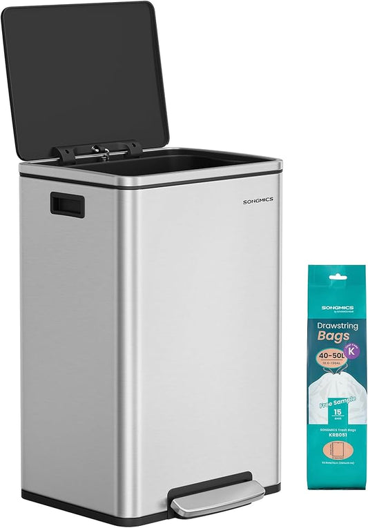 SONGMICS Trash Can, 13-Gallon Gabbage Can, with 15 Trash Bags, Stainless Steel, with Soft-Close Lid, Removable Inner Bucket, Handles, Silver ULTB595E01