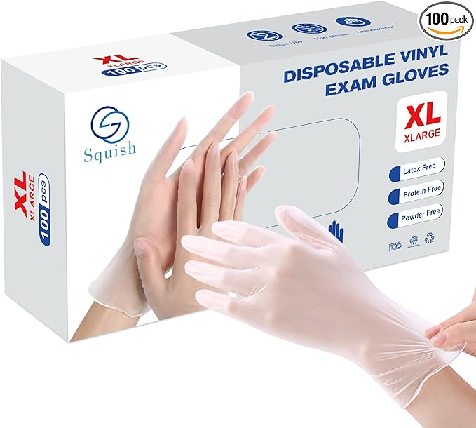 squish Disposable Gloves,Clear Vinyl Gloves Latex Free Powder-Free Glove Cleaning Health Gloves for Kitchen Cooking Cleaning Food Handling, 100PCS/Box, X-Large