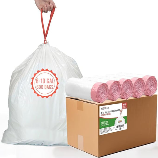 8-10 Gallon Trash Bags Drawstring, 600 Count, White & Unscented Garbage Bags Multi-purpose for Business Home Bathroom Kitchen Commercial and Industrial