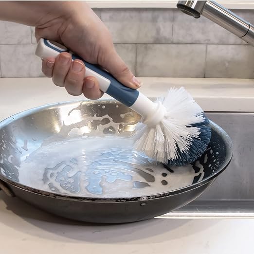 Unger Sink and Dish Scrub Brush, Kitchen Washing Scrubber for Hard-to-Reach Corners, Small Cleaning Supplies, Non-Scratch Bristles, Glassware, Pots, Pans, Tumblers, Drains, and Disposals