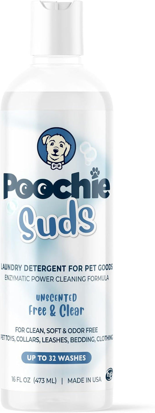 Poochie Suds Pet Laundry Detergent, Enzyme Cleaner and Odor Remover, Hypoallergenic and Fragrance-Free Pet Safe Detergent for Dog and Cat Bedding, Blankets, Toys and Gear, Made in USA, 16 fl oz