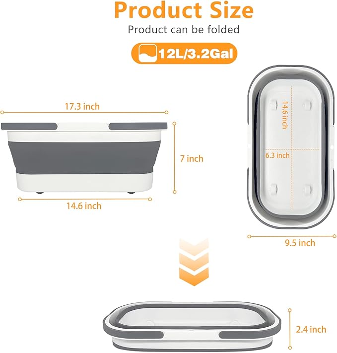 Collapsible Plastic Bucket with Wheels 12L (3.17 Gallon) for House Cleaning, Camping, and RV - Multi-Purpose Rectangular Handy Basket for Cleaning Mop - Lightweight and Portable (Grey)