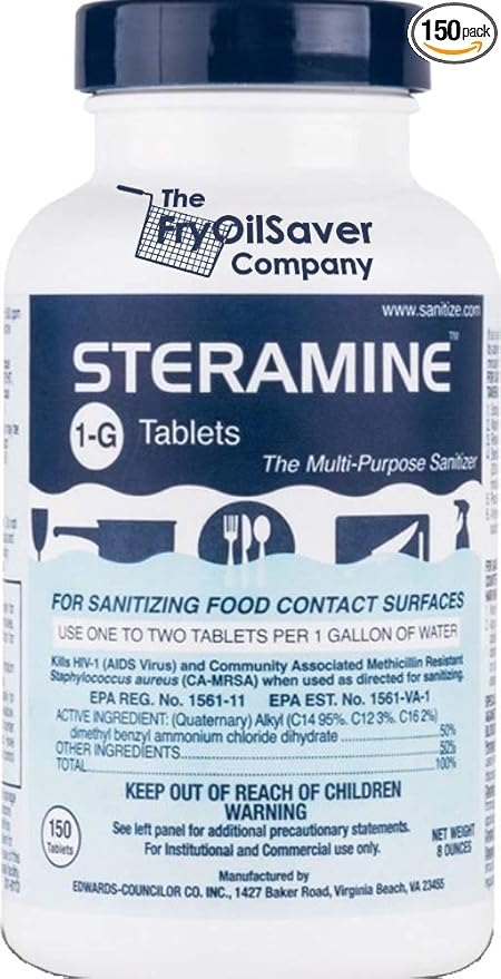 1 Bottle Steramine Sanitizer Tablets - Multi Purpose Steramine Sanitizing Tablets for Food Contact Surfaces, Bar, Hotel Kitchen, Busy Diners, Restaurants & FoodTrucks by FryOilSaver (150 Count)