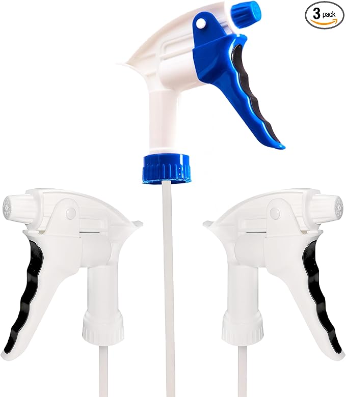 Leak Proof, High Capacity Spray Heads ONLY 3 Pack. Fits 32 Oz Bottles (NOT Incl). Clear, Heavy Duty Plastic Sprayer Replacements for Chemicals, Bleach and Liquid Cleaner. Best Home Cleaning Supplies