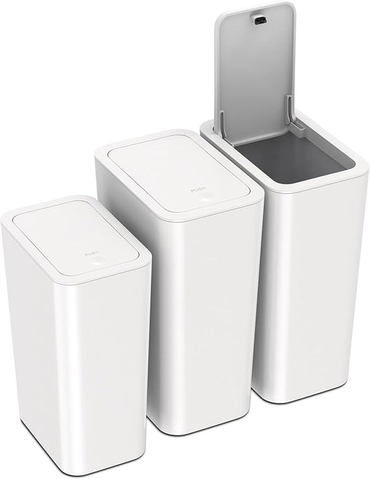 N. NETDOT 3 Pack (2 of 4 Gal & 1 of 2.6 Gal) Small Trash Can with Lid,Bathroom Garbage Can with Pop-Up Lid,Waste Basket for Bathroom,Kitchen,Bedroom,Powder Room,Craft Room,Office,College (Off White)