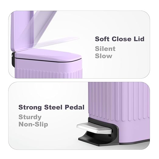 TrashAid Slim Bathroom Trash Can with Lid Soft Close, 6 Liter/1.6 Gallon Stainless Steel Small Garbage Can with Removable Inner Bucket, Step Pedal, Slim Wastebasket for Toilet, Office, Bedroom, Purple