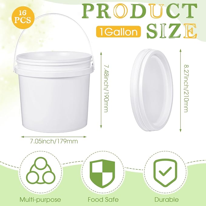 Leinuosen 16 Pcs 1 Gallon White Plastic Bucket with Handle and Lid Reliable Heavy Duty Barrel Pail Container Food Safe Bucket for Multipurpose Storage Paint Art Crafts Projects