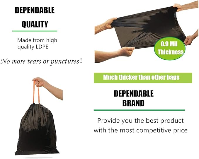 Besli 8 Gallon Black Drawstring Trash Bag Garbage Bag Trash Can Liner,0.9 Mil,90 Counts